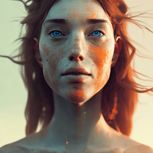 AI generated: a woman with freckles looks out into the world, in the style of vray, white and orange, warmcore, ph...