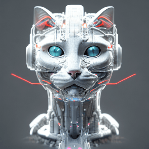 AI generated: cyborg cat| with a visible detailed brain| muscles cable wires| biopunk| cybernetic| cyberpunk| whit...