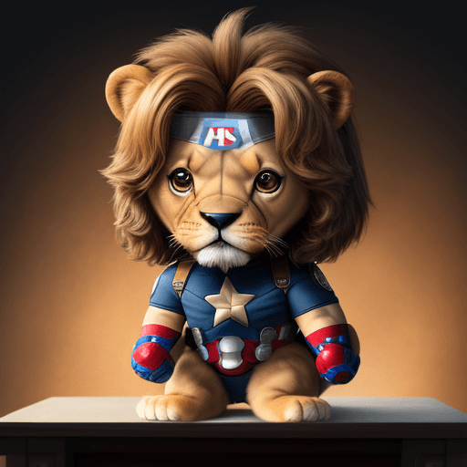 AI generated: Puppy lion with captain america costume, elegant,computer geek, chibi and real style, masterpiece, r...