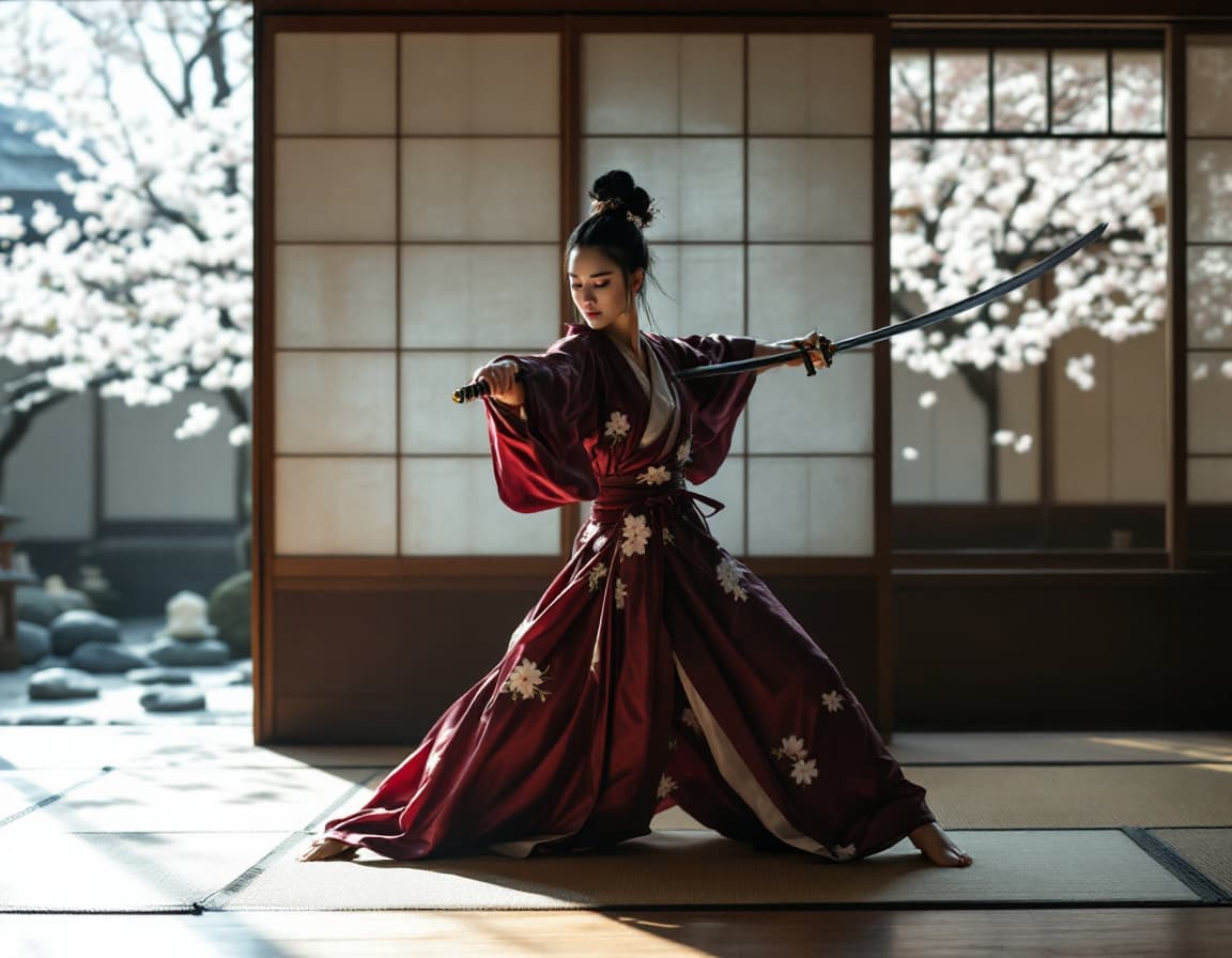 AI generated: Inside a traditional Japanese room, a woman in full samurai armor performs a graceful, meditative sw...