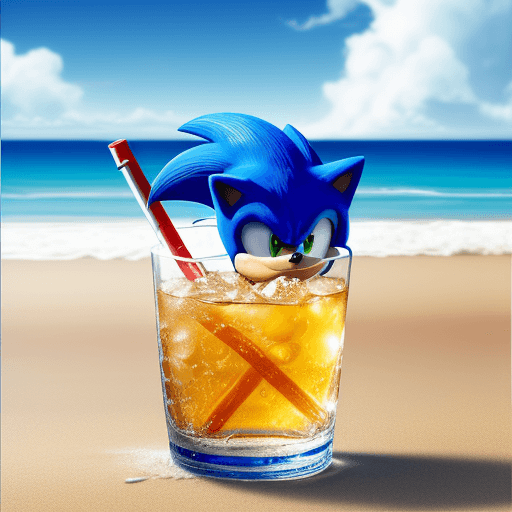 AI generated: Sonic the hedgehog, drinking a something, beach background, 4k, high resolution, realistic 