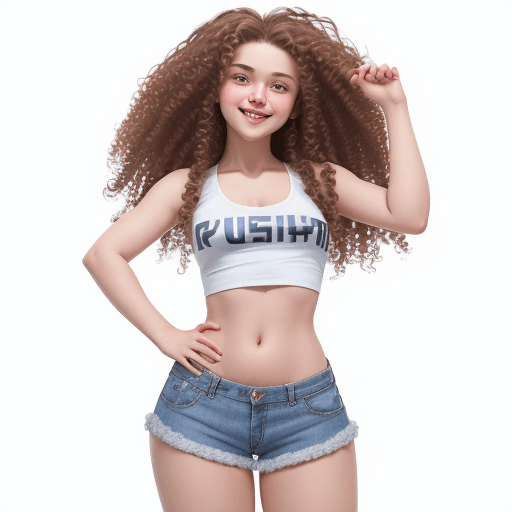AI generated: The image features a Russian girl posing in a whitout  top and denim shorts with a long curly hair. ...