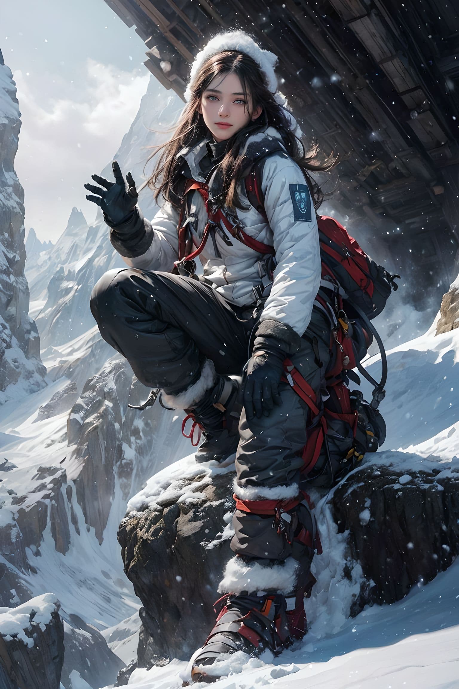 AI generated: Everest, (falling snow:1.5),a woman is climbing a mountain ,long hair girl,(mountaineering clothes:1...