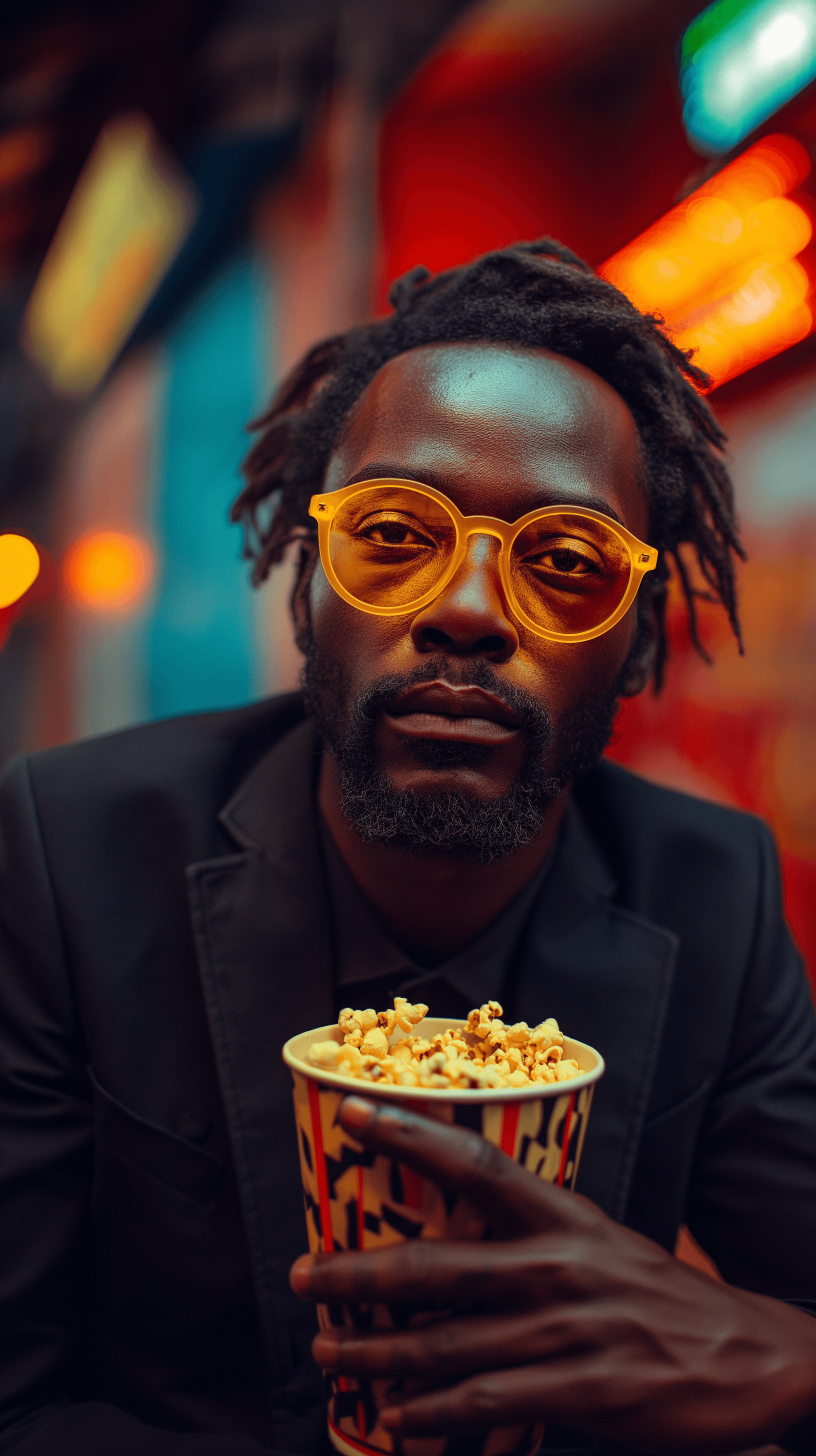 AI generated: photography, in a cavernous cinema, a man exudes a quiet coolness in the spotlight of the projector’...