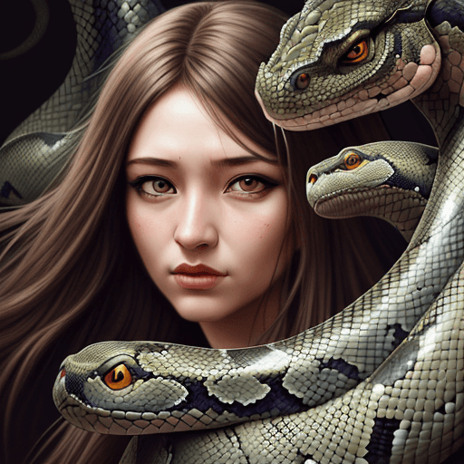 AI generated: Female, midosa , portrait, snakes hair and dragons, intricate artwork, woman, hyper realism, high de...