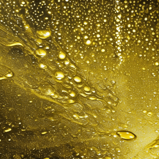 AI generated: A dynamic splash of golden liquid, possibly oil or a similar viscous fluid, captured mid-air. The li...