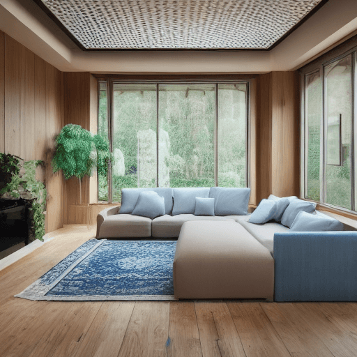AI generated: High resolution photography interior design, dreamy sunken living room conversation pit, wooden floo...