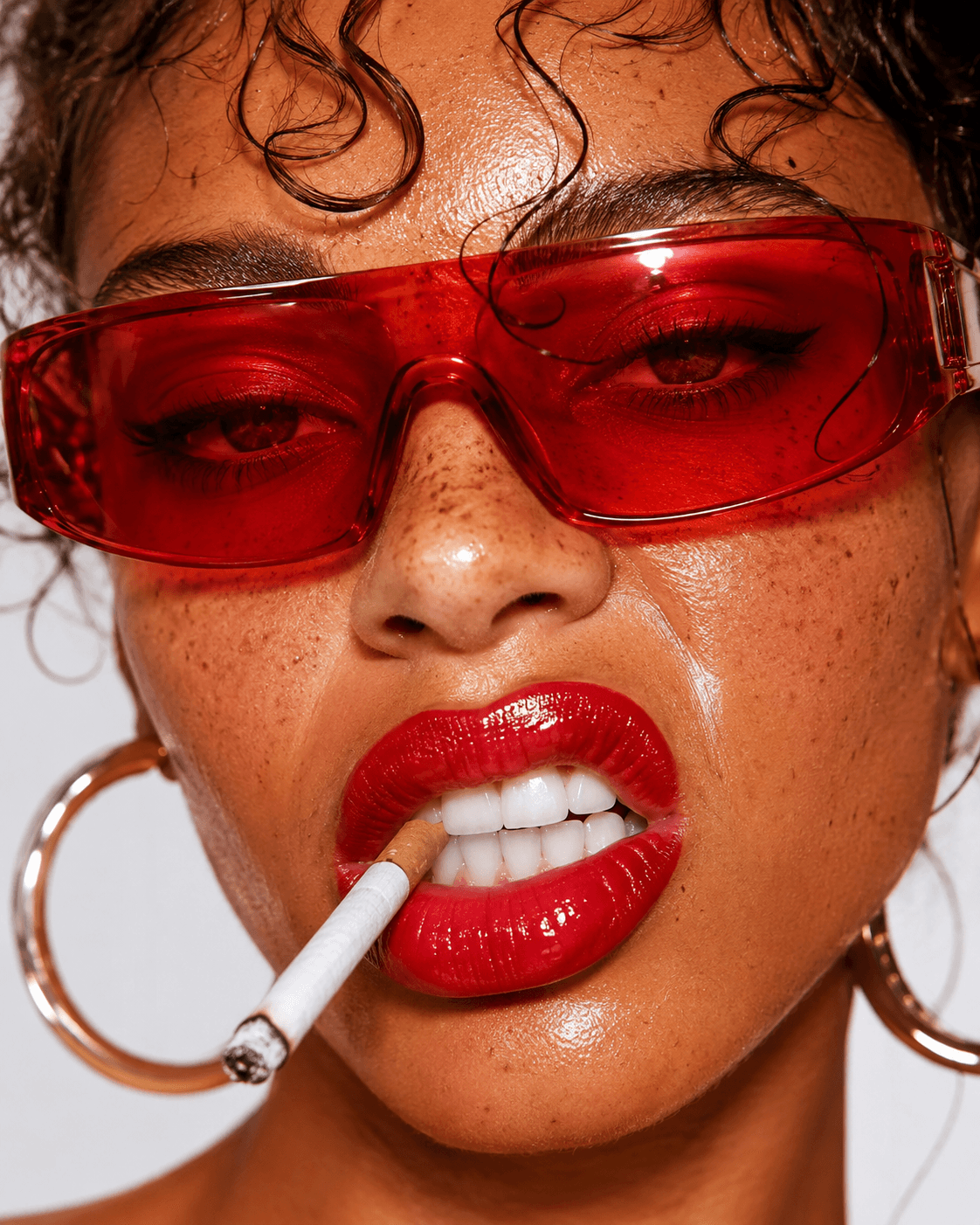 AI generated: Create a portrait-oriented, extreme close-up fashion editorial of an adult woman against a plain whi...