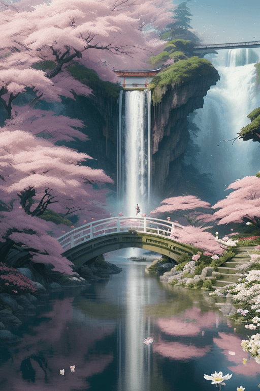 AI generated: long range view, Beautiful Japanese flower garden, elegant bridges, waterfalls, pink and white, by A...