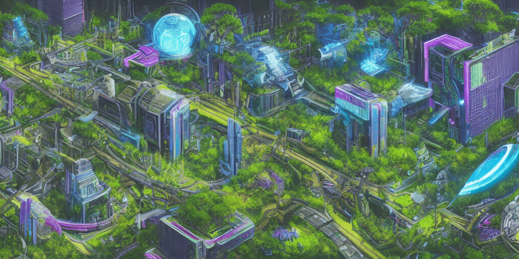 AI generated: a view of a city with a lot of trees and bushes, garden, a lot of flying objects , future city, in f...
