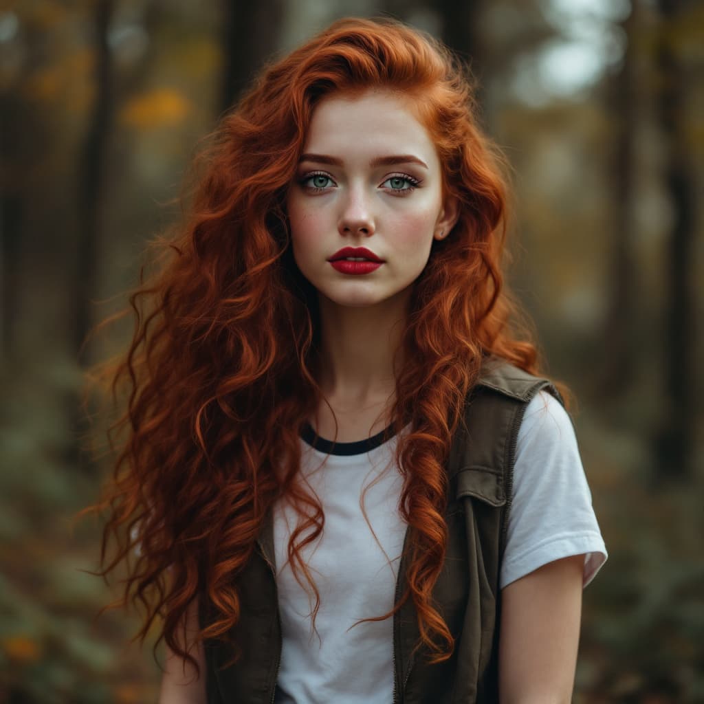 AI generated: 20 year old red haired girl, long length curly red hair, stunning green eyes. wearing vest and stand...