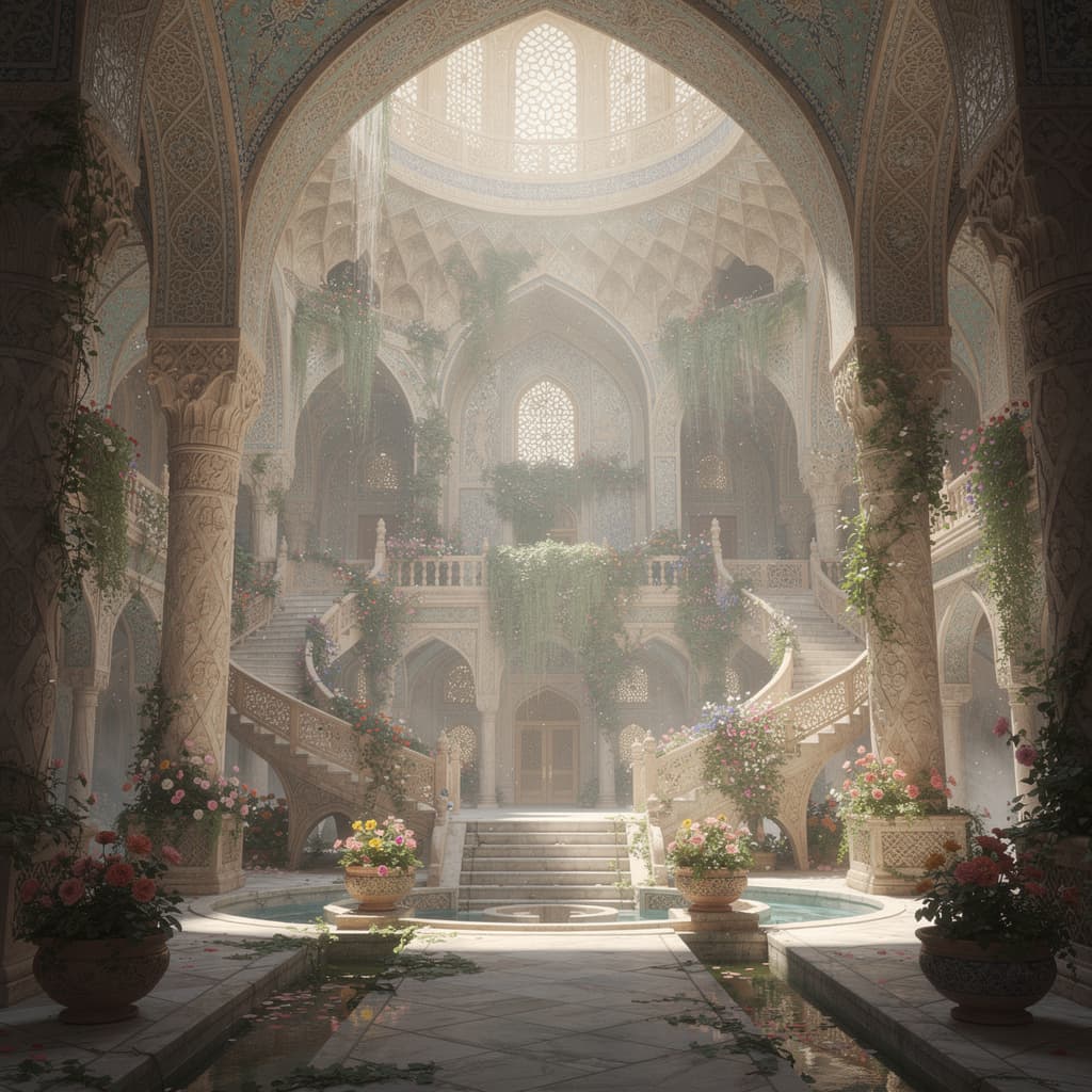 AI generated: Persian architecture, temple volume atrium light full of rose, hanging gardens, vibrant flowers, arc...