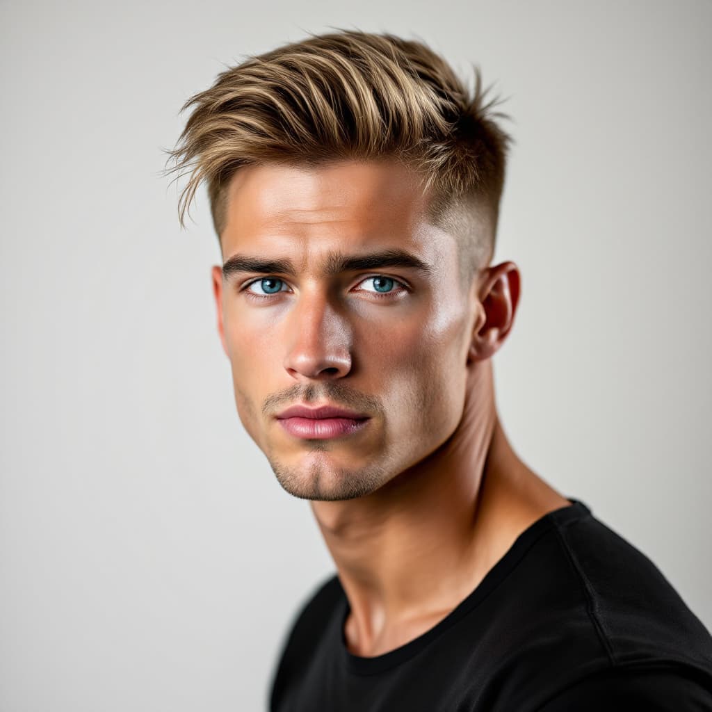AI generated: Head-and-shoulders studio shot of a muscular 25-year-old white American man, golden blonde hair styl...