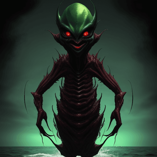 AI generated: Full body photo of a scary alien creature that looks like evil from sea, green deadly red eyes, horr...