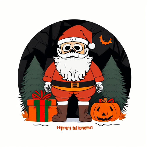 AI generated: A bearded human skeleton in santa claus outfit, a sack of gifts on his back, carved pumpkins for hal...