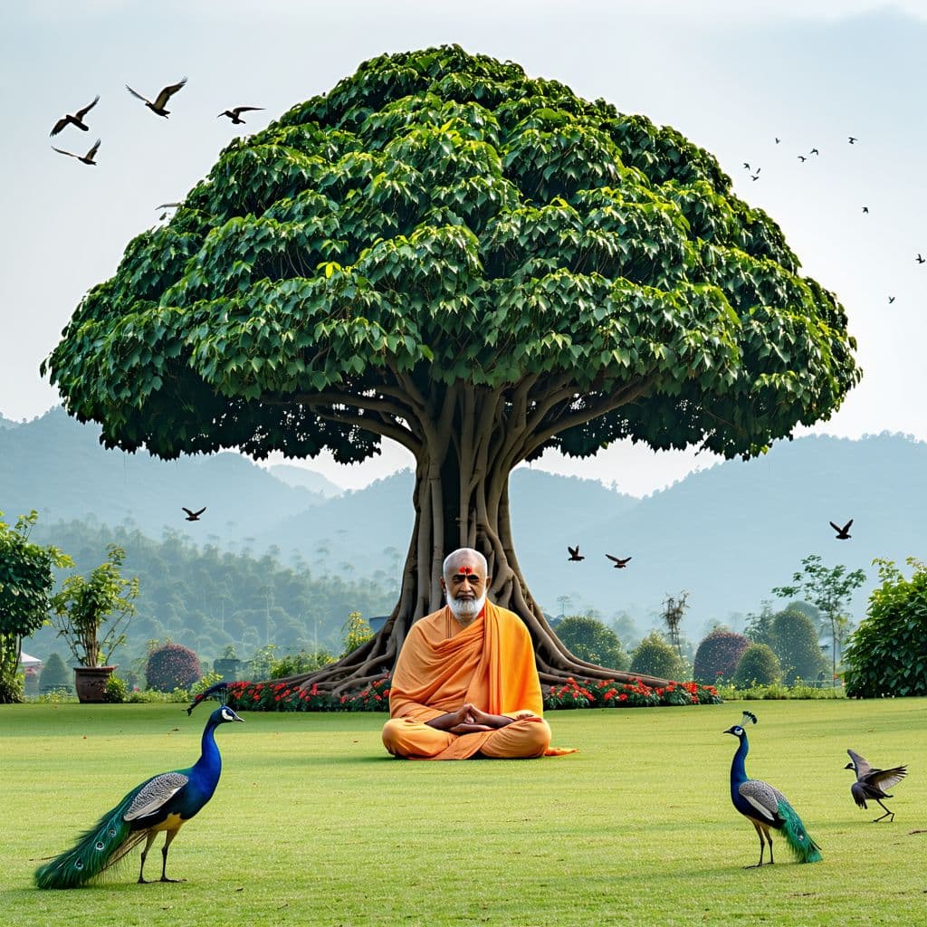 AI generated: A Huge Ficus religiosa Tree, in Front of the tree the saint seating in cross leg posture in the gras...