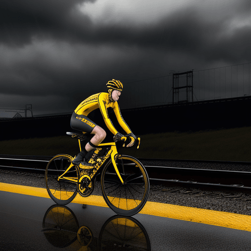 AI generated: A clyclist riding by the train tracks, rainy and dark clouds, black and yellow bike.