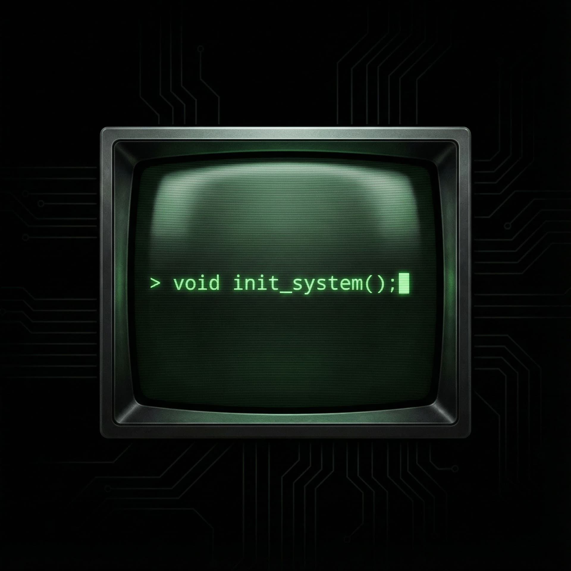 AI generated: Minimalist dark logo, old CRT monitor screen displaying glowing green monospaced code text "> void i...