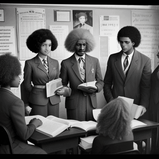 AI generated: Estudantes afro-americanos do ensino médio, com jornal, na Frederick Douglass High School, Baltimore...