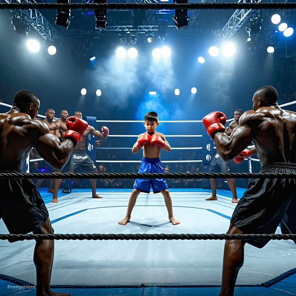 AI generated: Cinematic professional 3D animation of a young boy in a octagon ring surrounded by 10 physically fit...