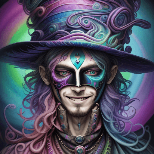 AI generated: Mistic sorcerer with hat in psychedelic mode,hat details, made entirely of professional oil watercol...