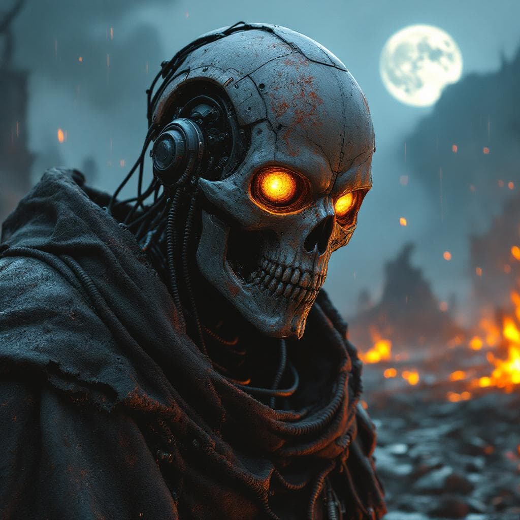 AI generated: A highly detailed cybernetic skull-faced warrior with glowing orange and yellow eyes, its metallic s...