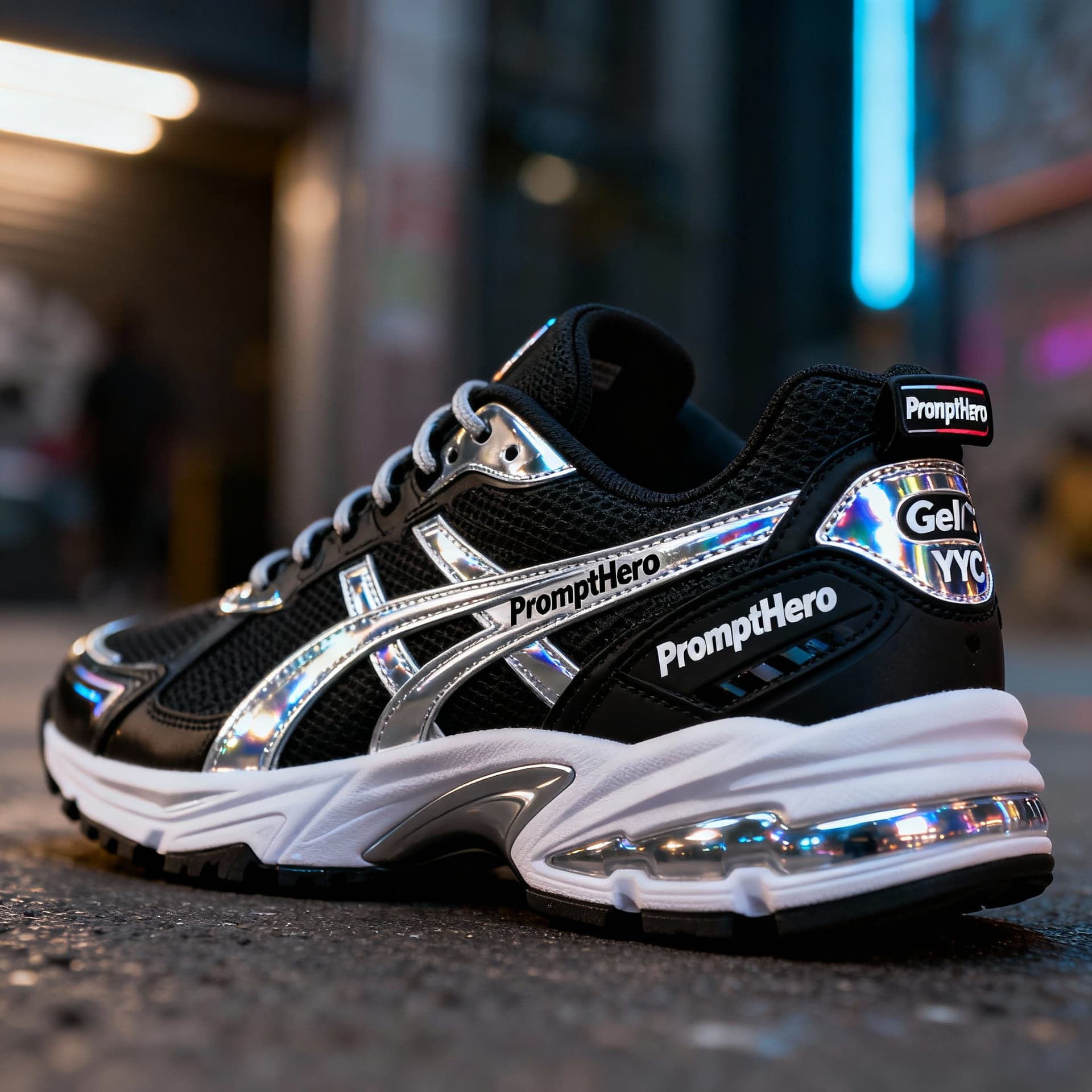 AI generated: High-fashion sneakers in the style of Gel NYC, designed for urban streetwear. “PromptHero” logo prin...