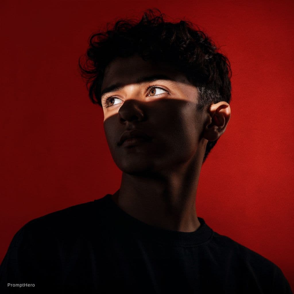 AI generated: Ultra-realistic studio portrait of a young man against a bold solid red background, upper-torso fram...