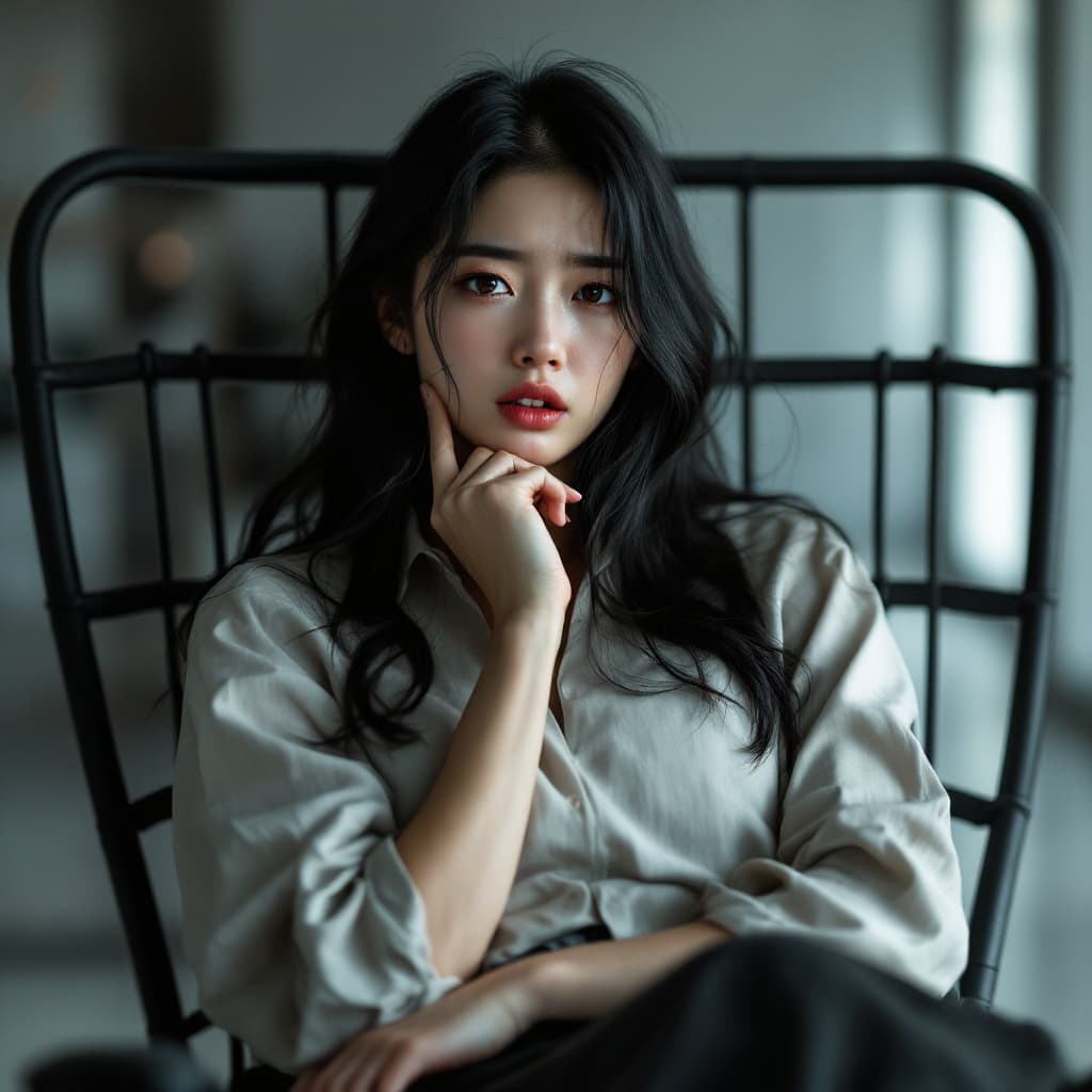 AI generated: image of a young Japanese woman ,  with long black hair, striking and contemporary photo-shoot withi...