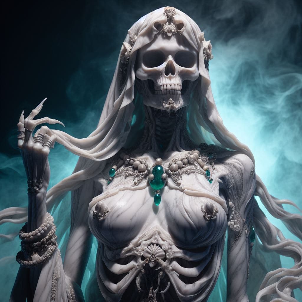 AI generated: ultra detailed marble and jade sculpture of a female necromancer, skeleton face, volumetric fog, Hyp...