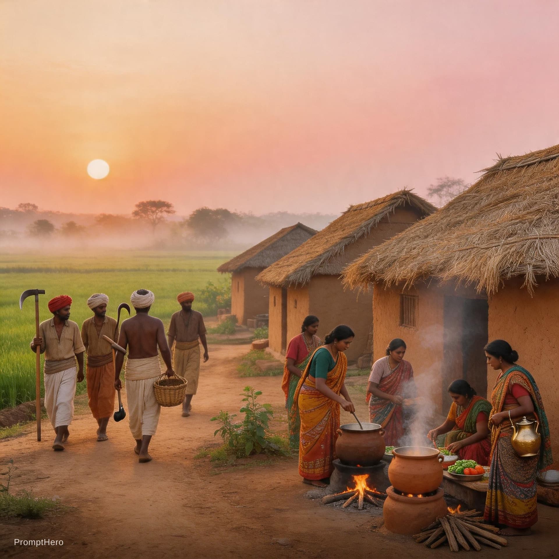 AI generated: Morning time
An Indian tribal village....
Where men r going to farm n women r going to cook food 