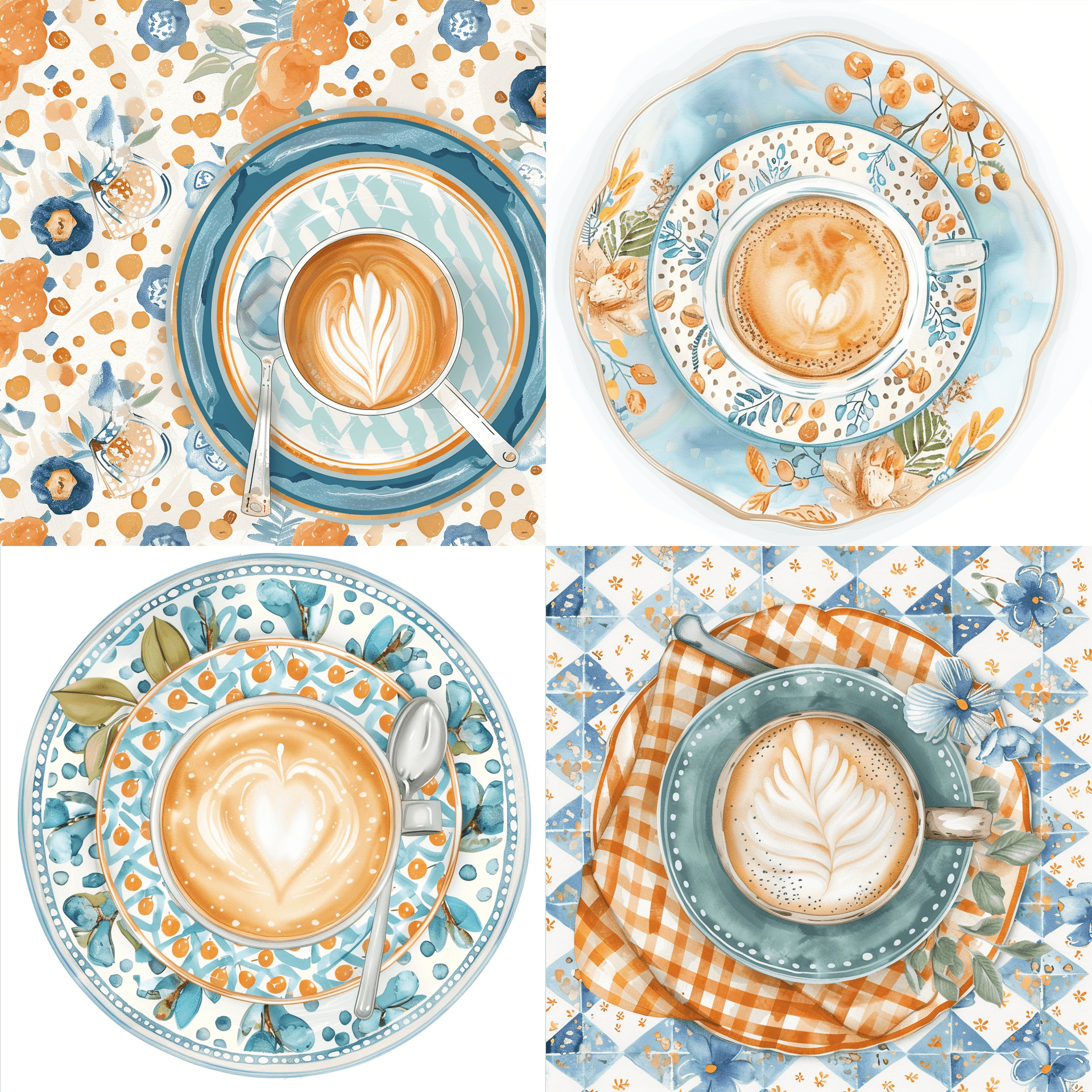 AI generated: a cup of coffee, watercolor style, look down view, plate color, simple colors, white background. --a...
