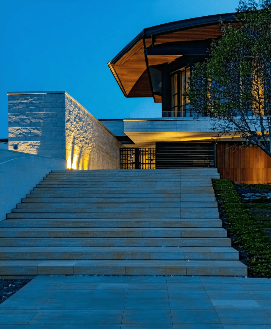 AI generated: Close-up of architectural details, façade textures, evening lighting on the main entrance.