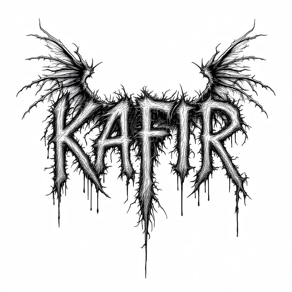 AI generated: A brutal death metal-style logo featuring the word 'KAFIR' with a and chaotic extreme metal aestheti...