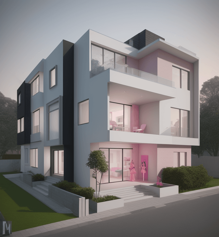 AI generated: architectural render of barbie's semi-detached house, ultra HD 8K ultra realistic and modern, facade...
