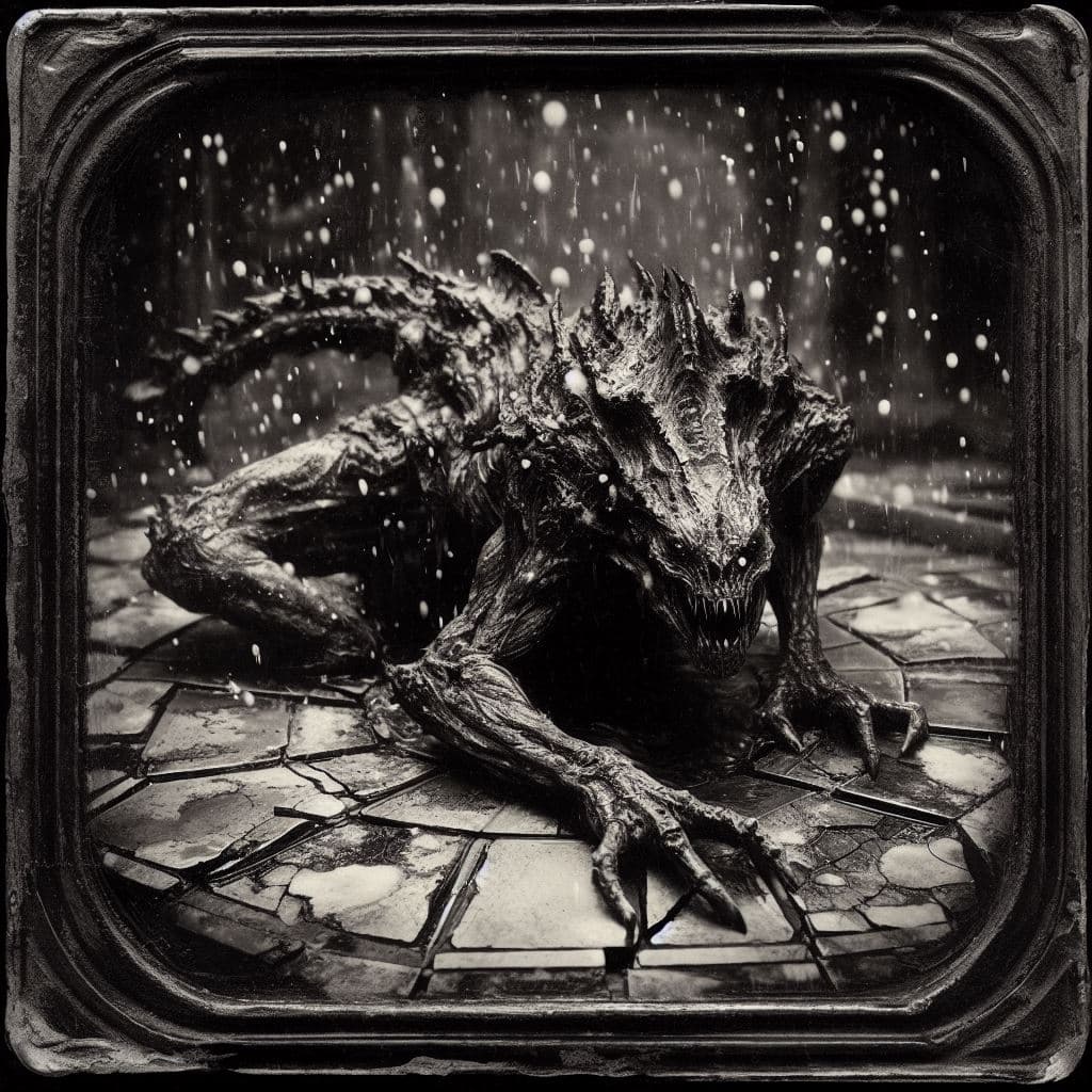 AI generated: detailed and intricate square daguerreotype photograph of a living shoggoth crawling out of a pit in...