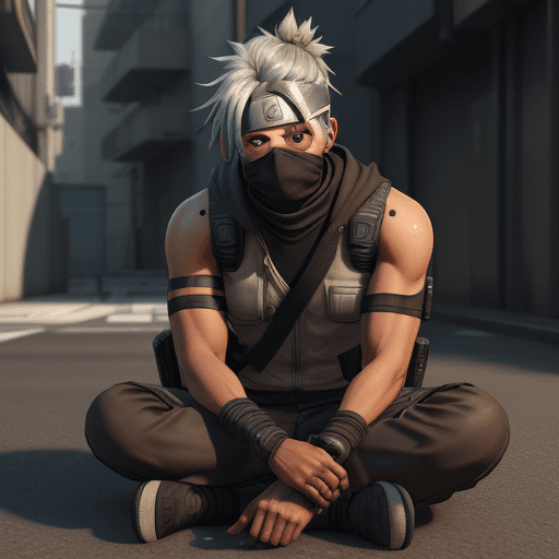 AI generated: Kakashi Sensei, brown version, tan, cyberpunk, outdoor, street, sitting, hyperrealism, photorealisti...