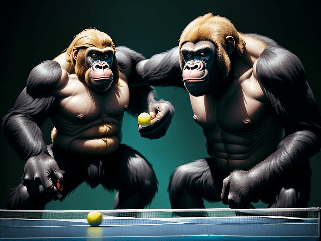 AI generated: King-Kong, the legendary Ape Monster, known from Hollywood movies plays ping-pong, a classical sport...