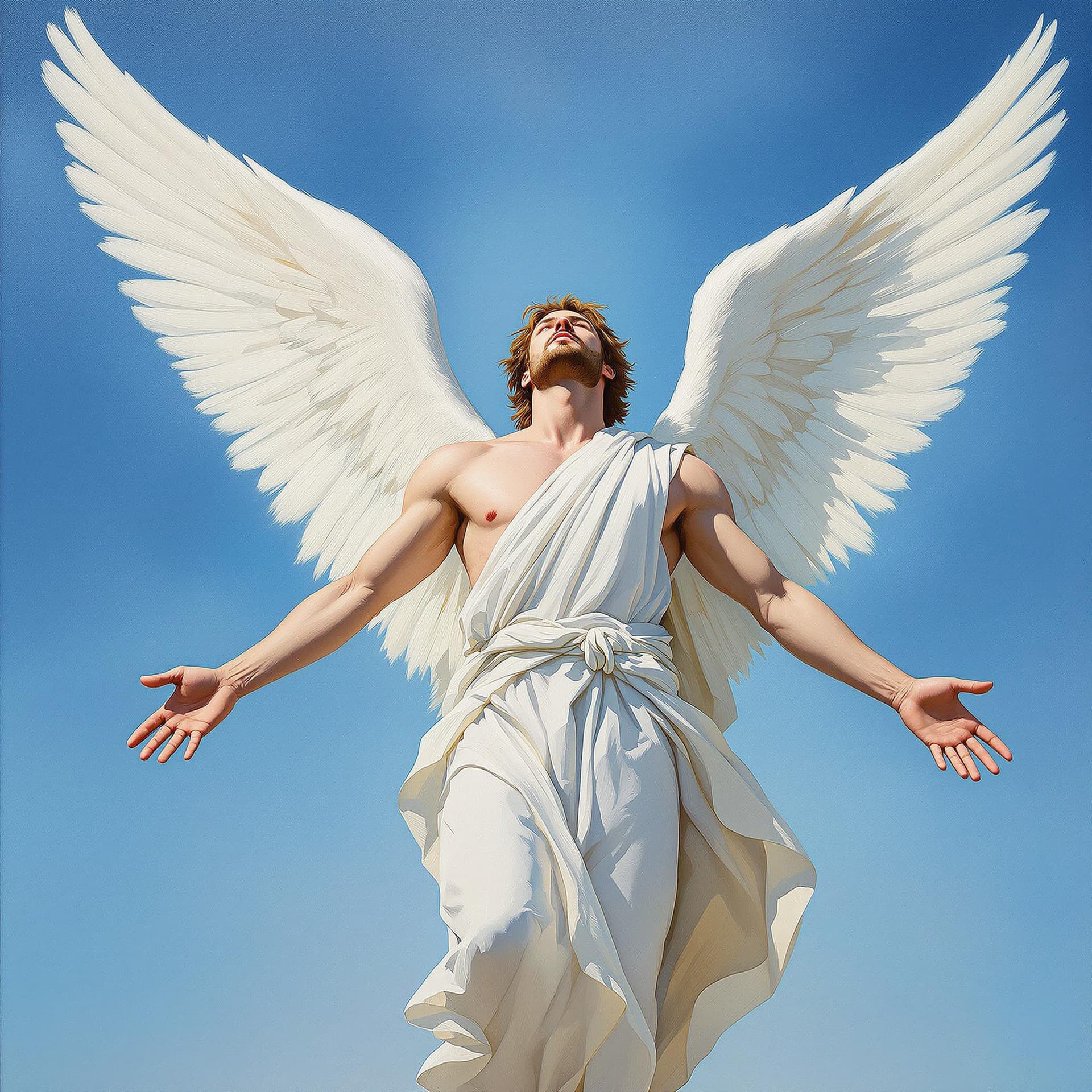 AI generated: An artist's oil painting of a masculine male, a strong angel, light brown hair, a clean-shaven face,...