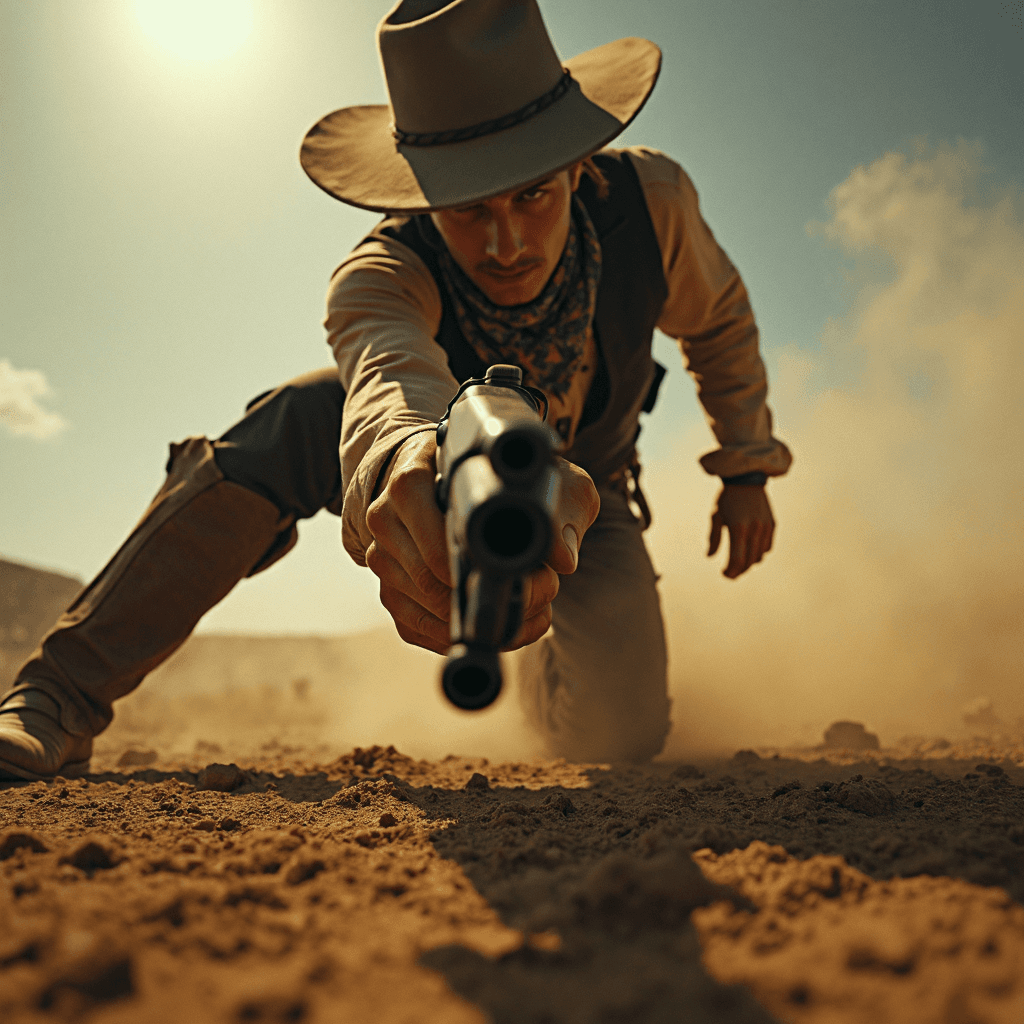 AI generated: Eye-level from the ground. From the perspective of someone lying on the dusty ground, a cowboy stand...