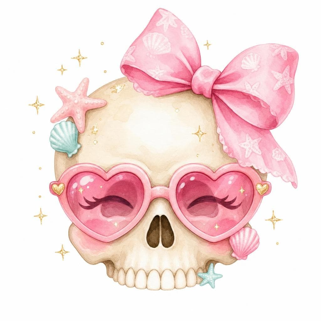 AI generated: adorable summerween skull clipart, cute round ivory skull head, pink heart sunglasses, oversized pin...