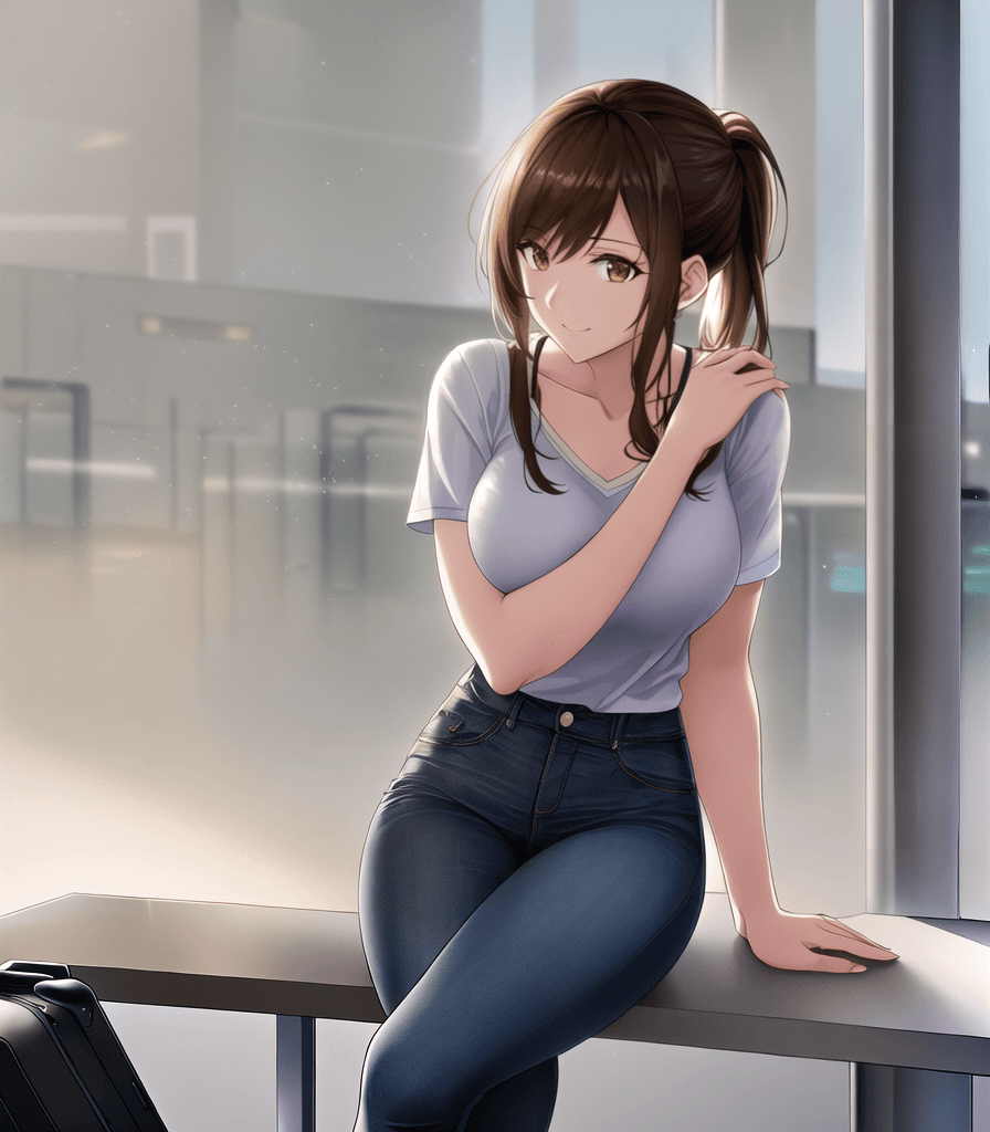AI generated: (perfect anime illustration), hot girl, 1girl, low ponytail, ((airport, luggage, waiting, sitting, t...