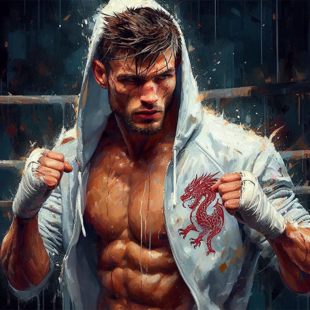 AI generated: painting style, illustration of a muscular young man with short brown hair, a tough and intense gaze...
