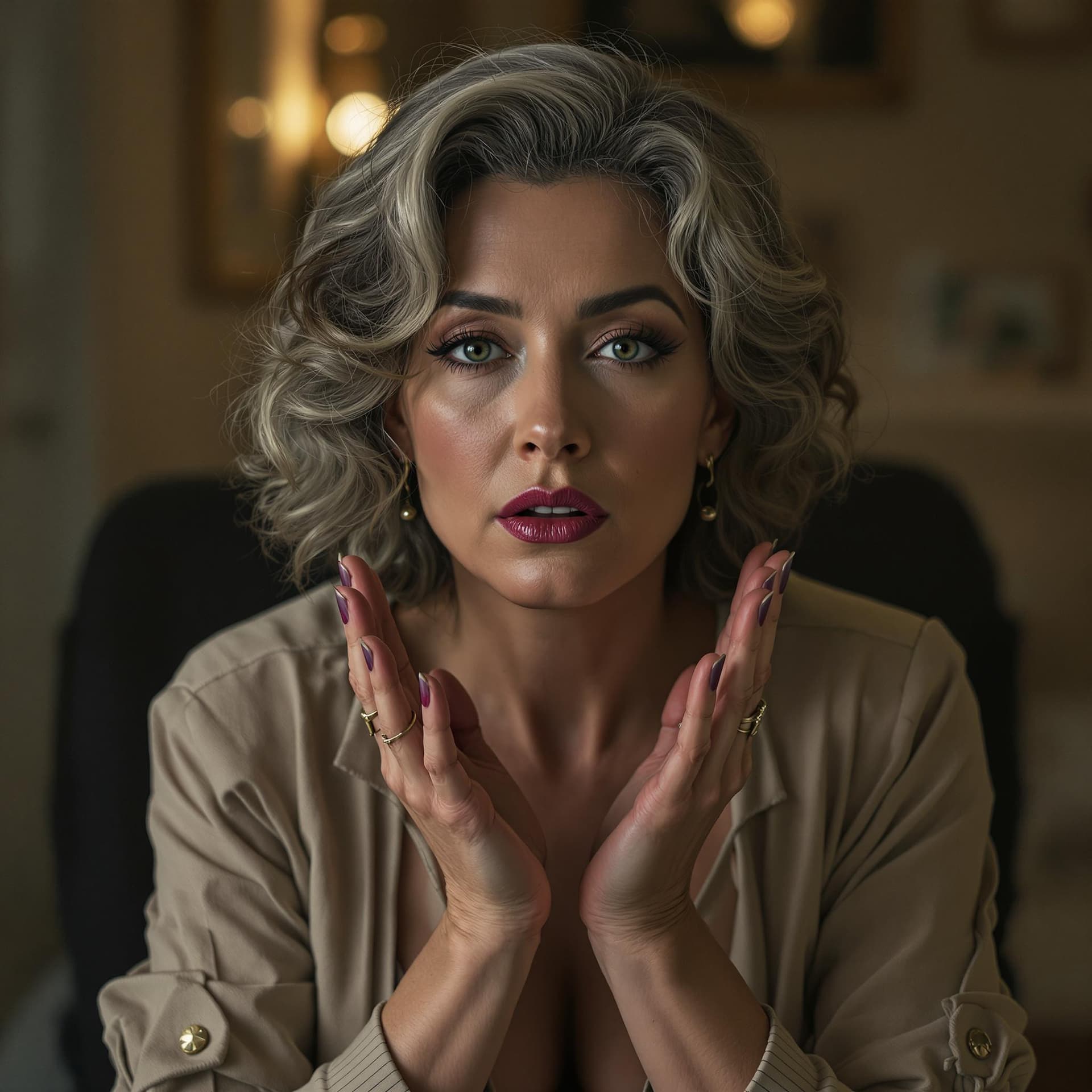 AI generated: cinematic, realistic photography, A manipulative, dictatorial woman who enjoys drawing victims into ...