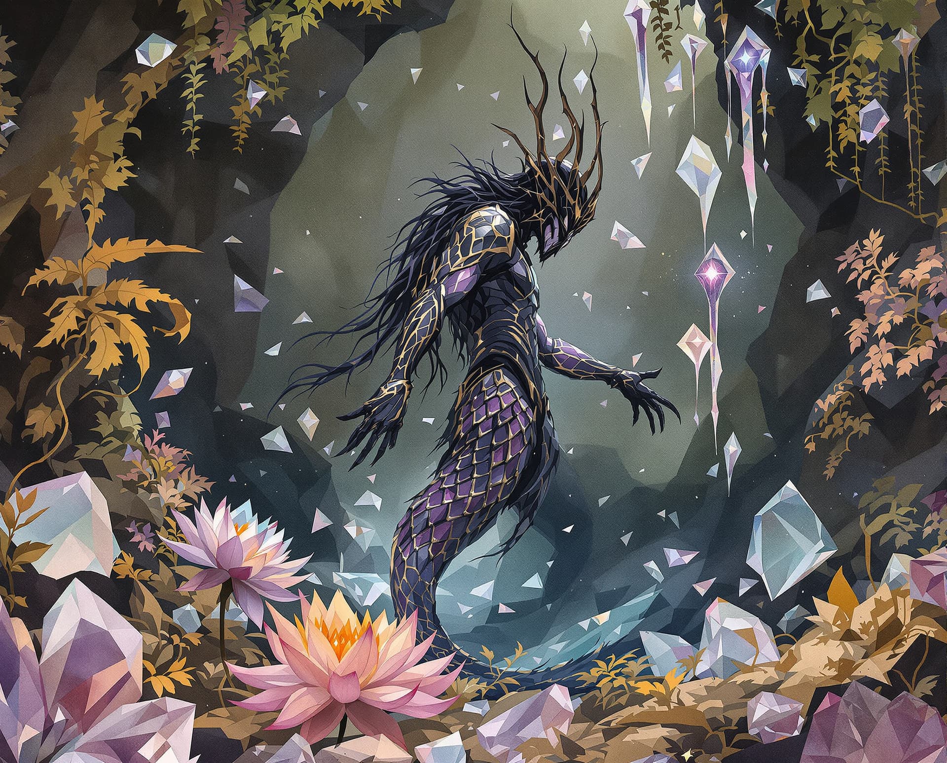 AI generated: Image is a cinematic, moody watercolor ink wash illustration featuring ((broken  Alebrije's pottery ...