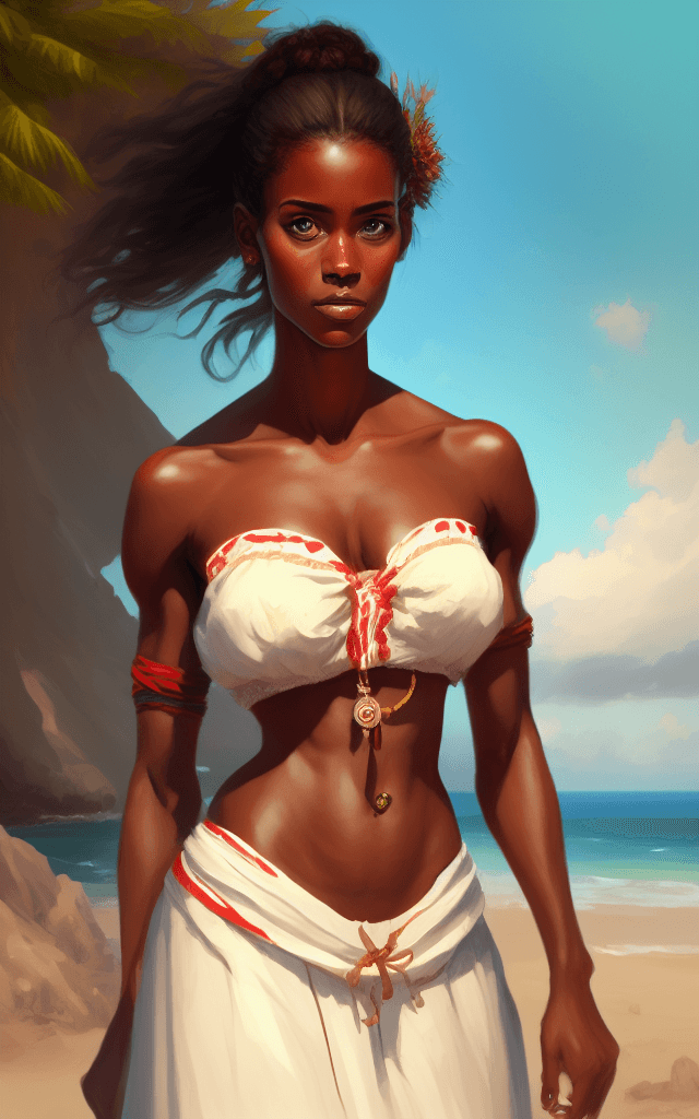 AI generated: Painting of a girl from British Virgin Islander, fantasy, 25 years old, big chest, big waist. skinny...