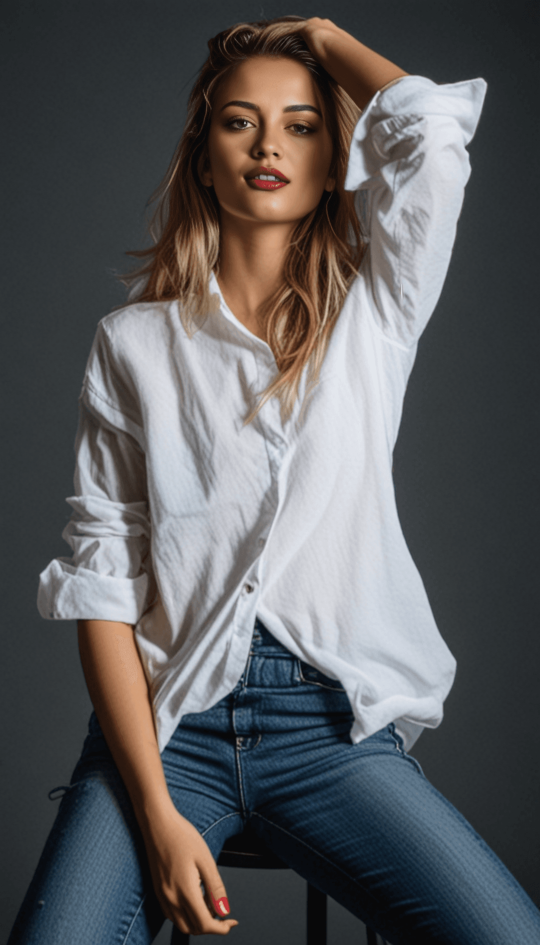 AI generated: A young woman sits casually on a stool, wearing a loose white button-up shirt with rolled-up sleeves...