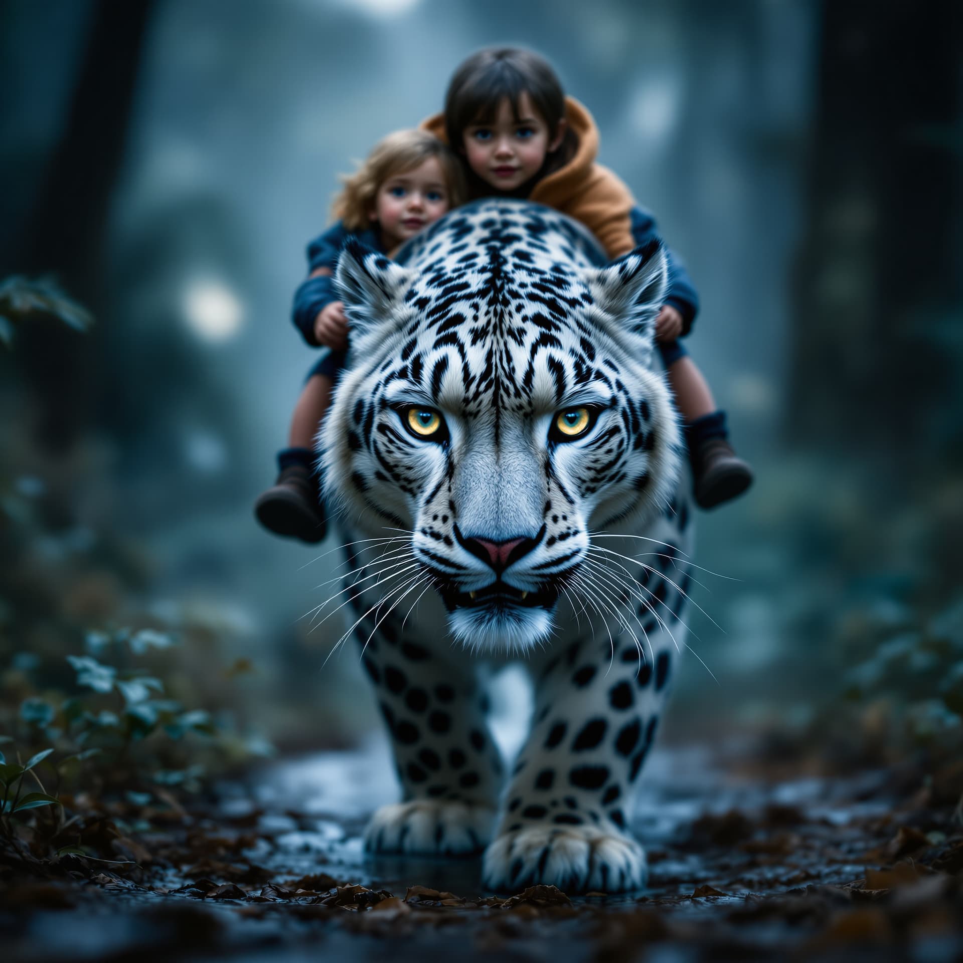 AI generated: The image captures an intense close-up of a snow leopard walking toward the viewer, With a young gir...