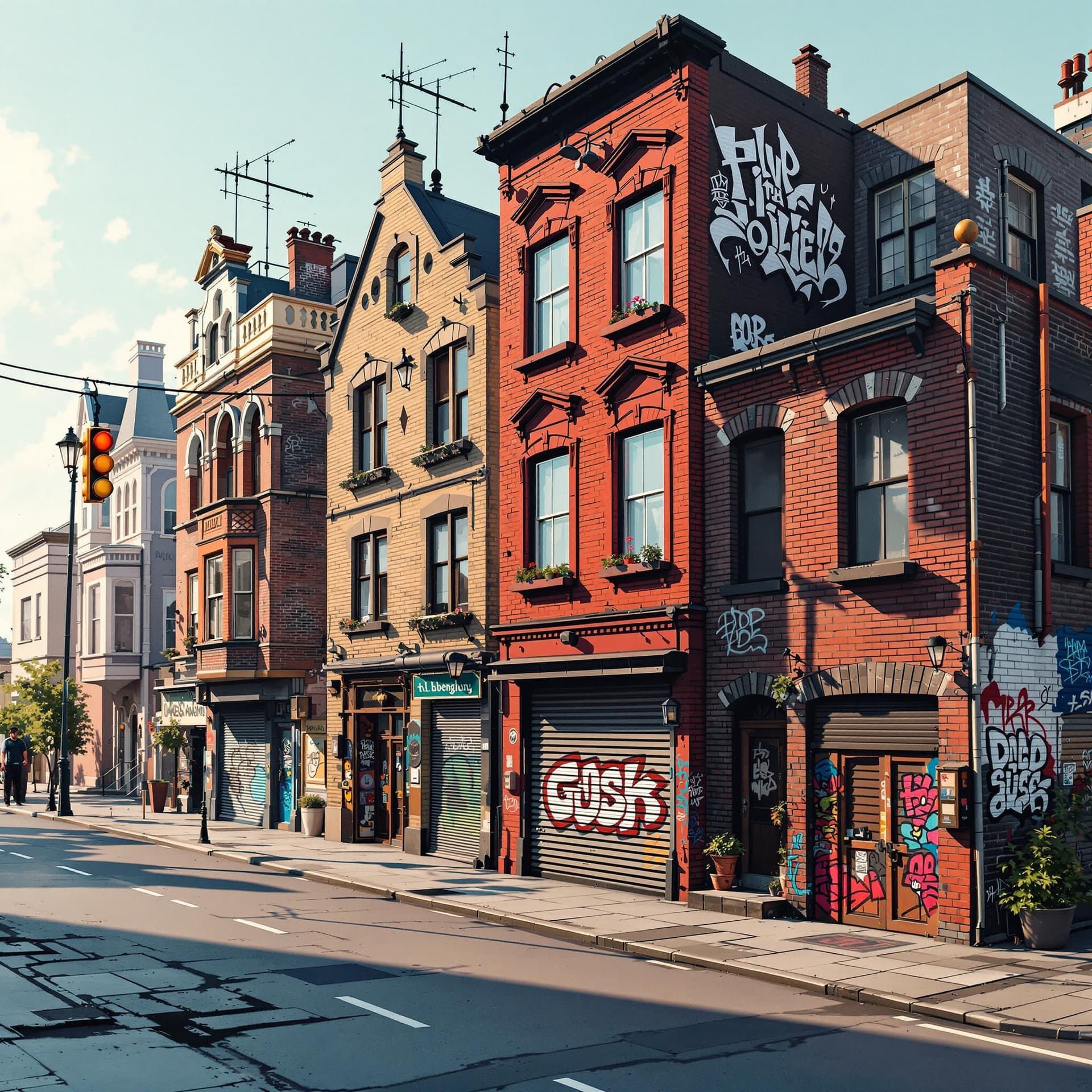 AI generated: 3d illustration hip hop urban buildings and with a little graffiti walls