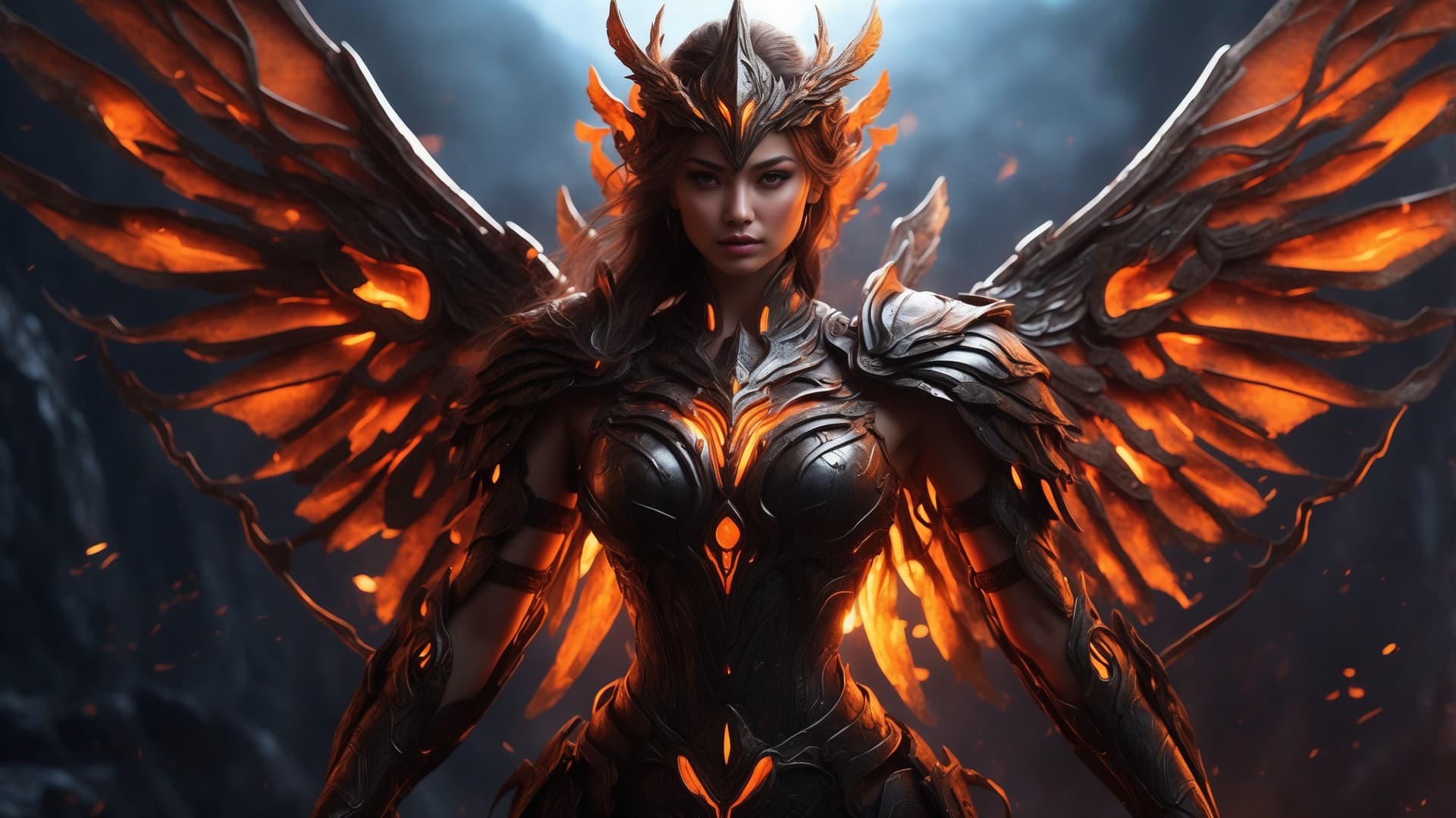 AI generated: High-fantasy digital artwork featuring a powerful, armored female warrior with glowing, fiery wings....